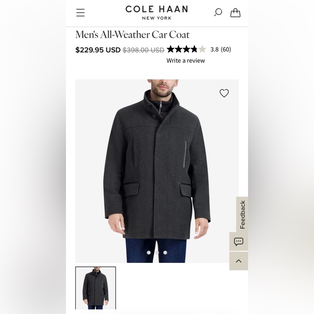 Cole Haan Charcoal Gray Wool-Blend Stand Collar Pea Coat
